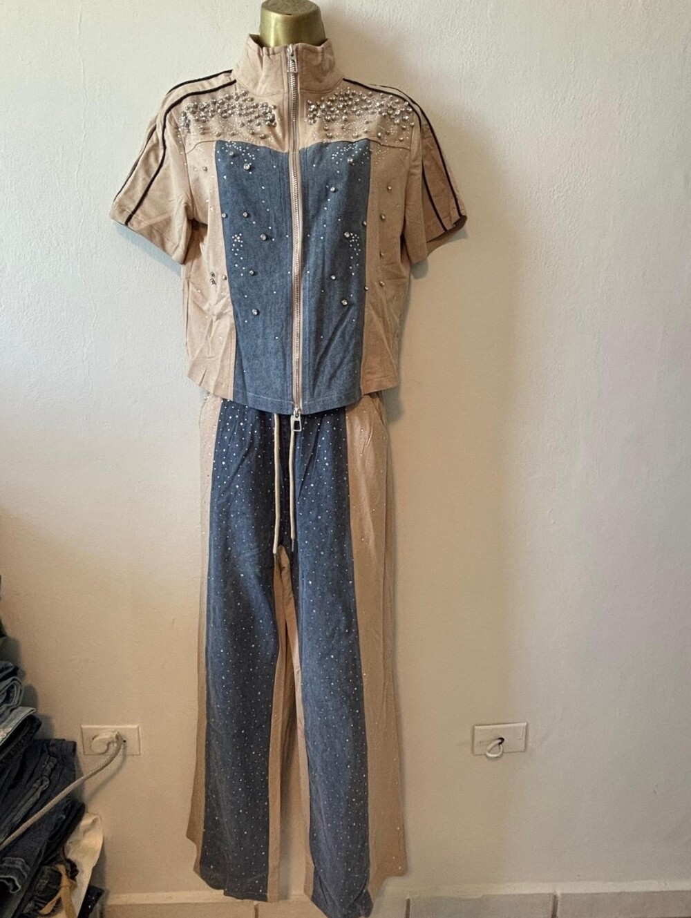 Beige and Denim Two-Tone Embellished Women's Jumpsuit